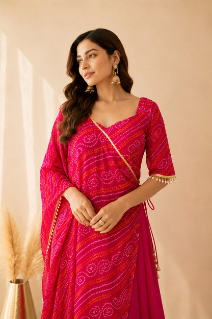 MEHRAZ RANI PINK BANDHEJ FUSION SET