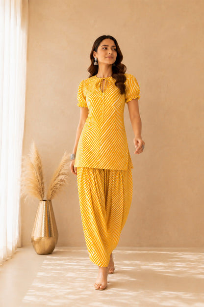 PALLAVI YELLOW COTTON LEHERIYA FARSHI SET