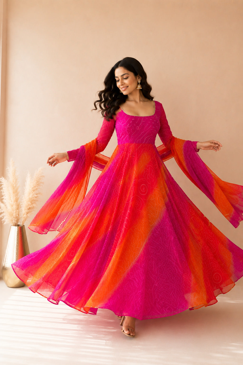 VAISHIRA ORANGE OMBRE BANDHEJ ANARKALI SET