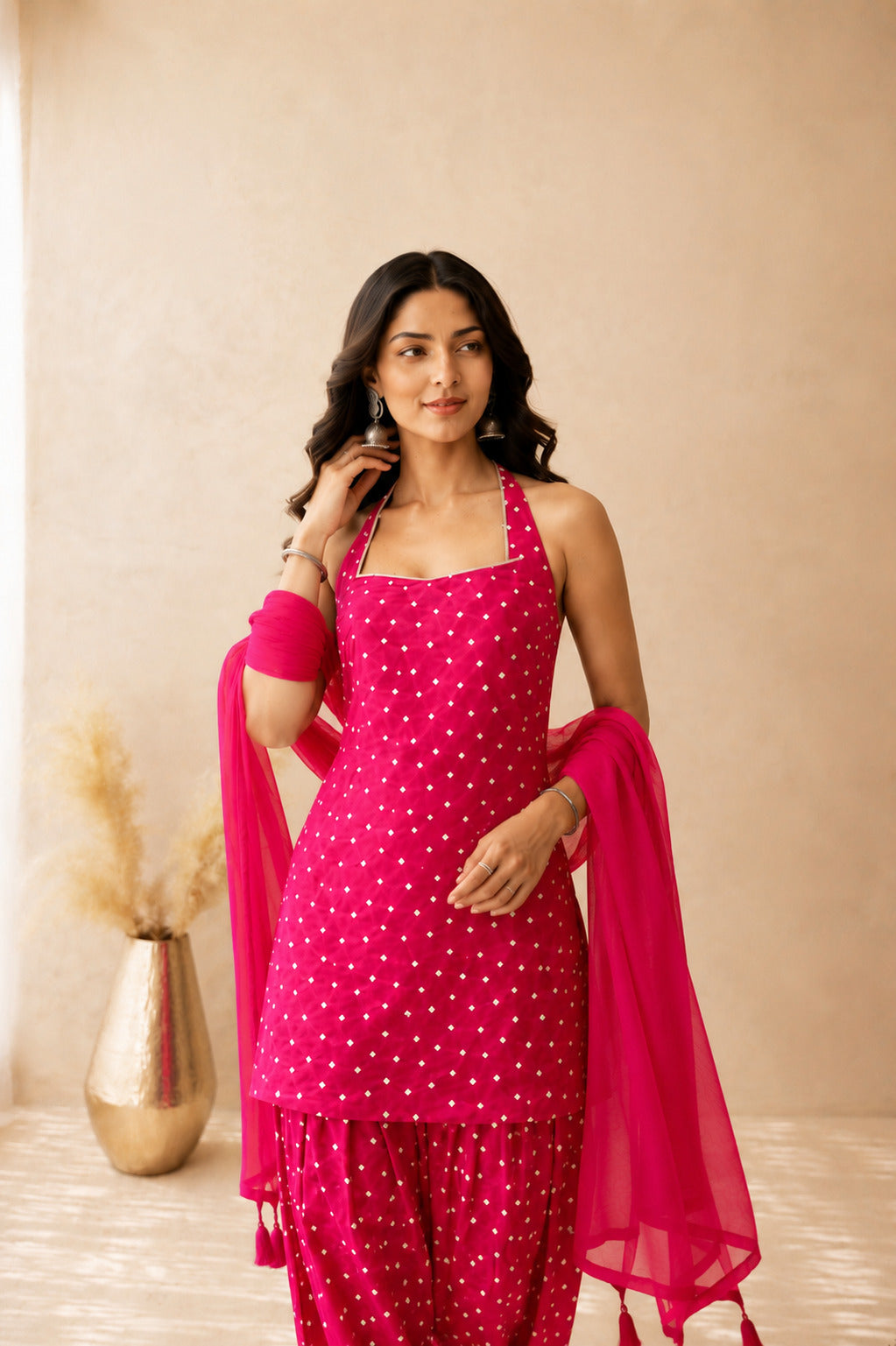 VIDHA PINK BANDHEJ FARSHI SET