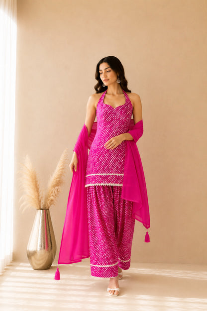 AVNIKA PINK COTTON LEHERIYA FARSHI SET WITH DUPATTA