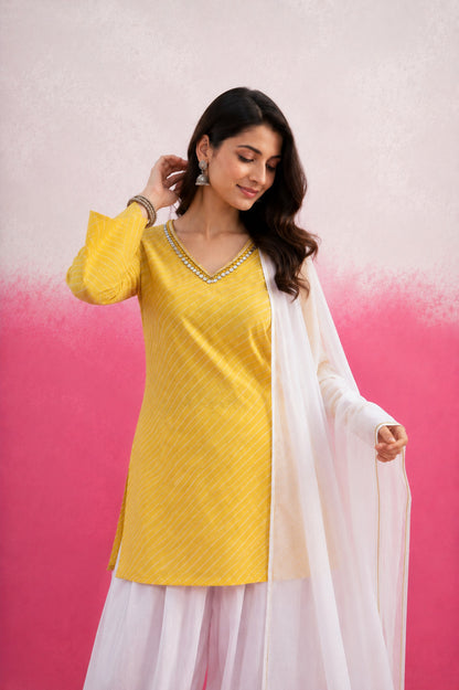 ALARI YELLOW LEHERIYA FARSHI SET