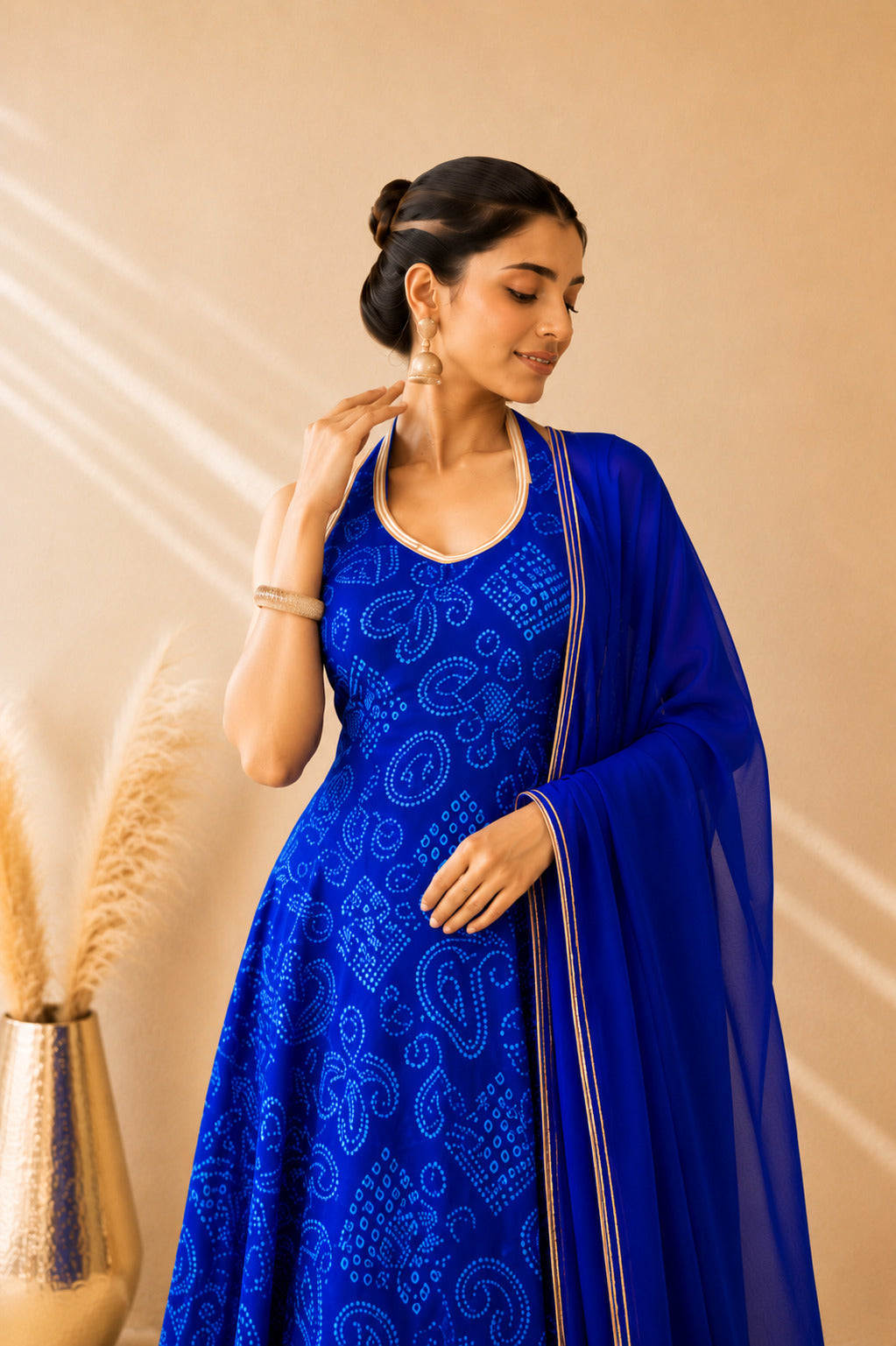 INARA BLUE BANDHEJ HALTER ANARKALI SET