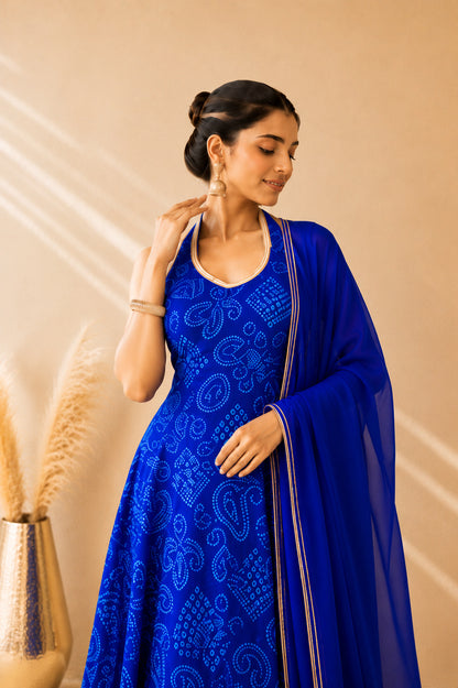 INARA BLUE BANDHEJ HALTER ANARKALI SET