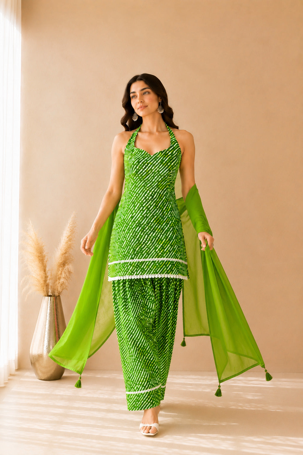 SUKAINA GREEN COTTON LEHERIYA FARSHI SET WITH DUPATTA