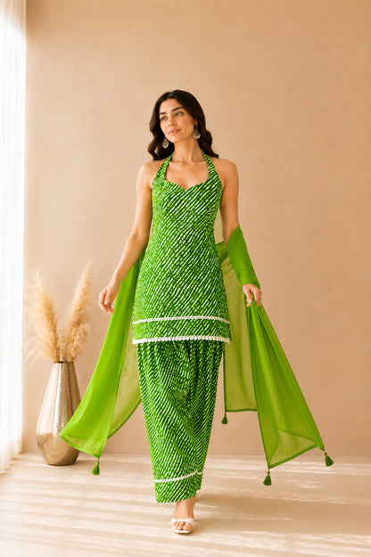 SUKAINA GREEN COTTON LEHERIYA FARSHI SET WITH DUPATTA