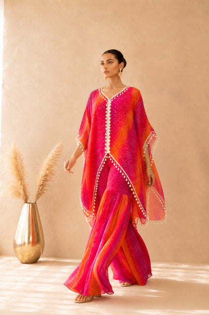 MAHEYA ORANGE OMBRE BANDHEJ KAFTAN SHARARA SET