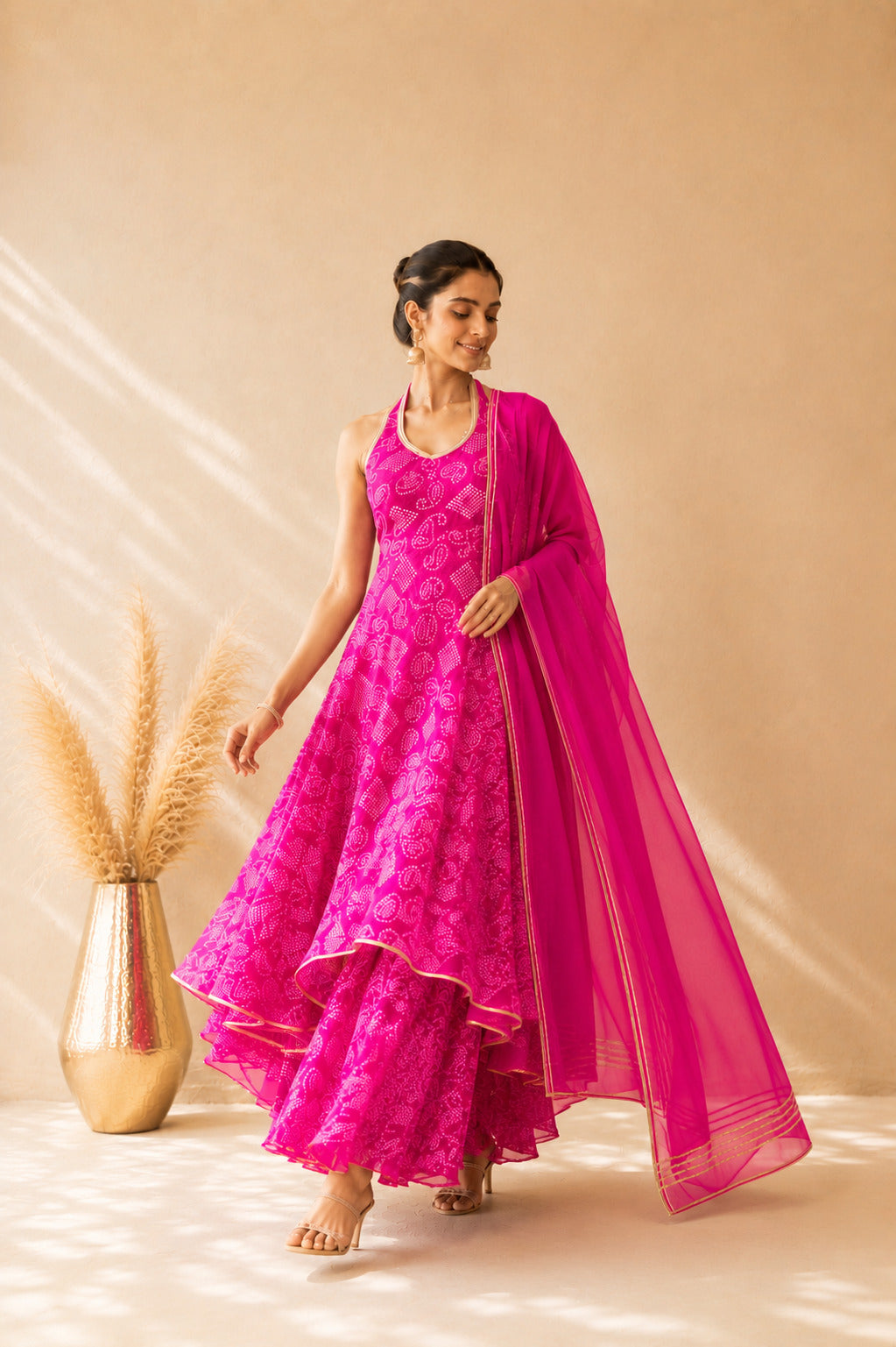 CHANDRI PINK BANDHEJ HALTER ANARKALI SET