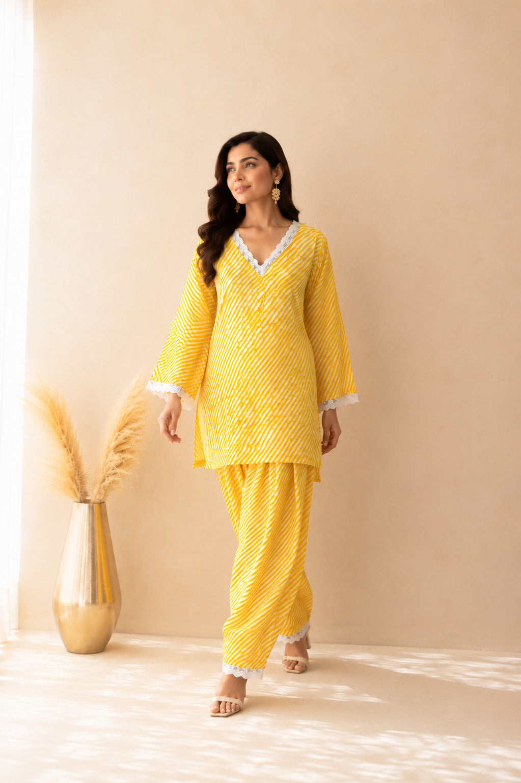 DHARINI YELLOW COTTON LEHERIYA FARSHI SET