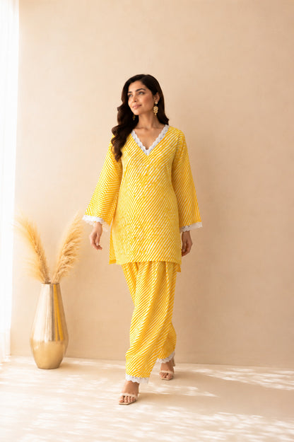 DHARINI YELLOW COTTON LEHERIYA FARSHI SET