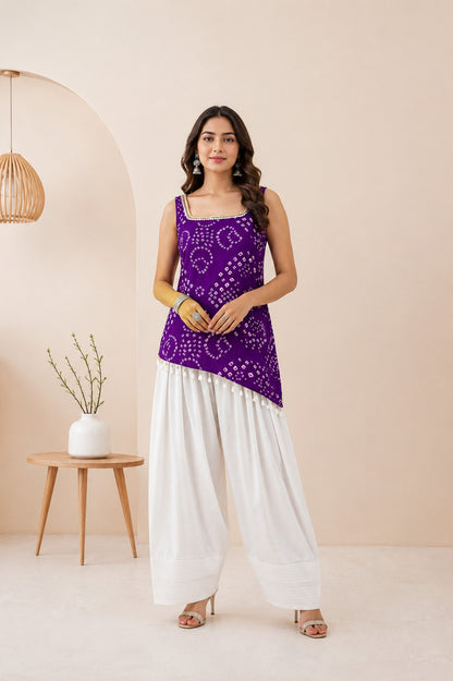 ISHVIKA PURPLE ASYMETTRIC BANDHEJ FARSHI SET