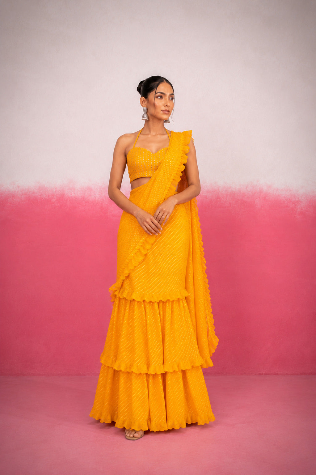 KRITHYA YELLOW LEHERIYA RUFFLE SAREE