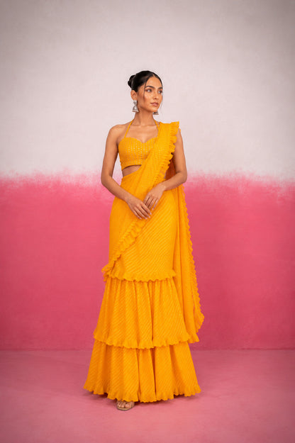 KRITHYA YELLOW LEHERIYA RUFFLE SAREE