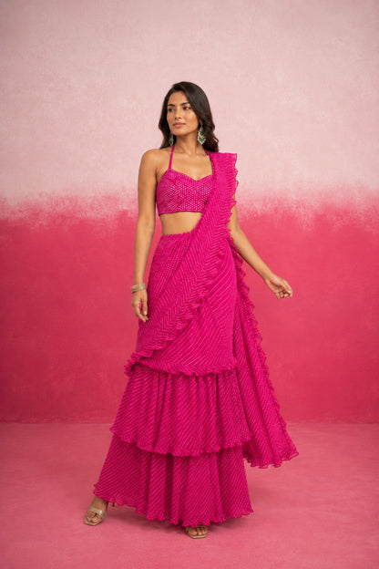 ISHMI MAGENTA PINK LEHERIYA RUFFLE SAREE