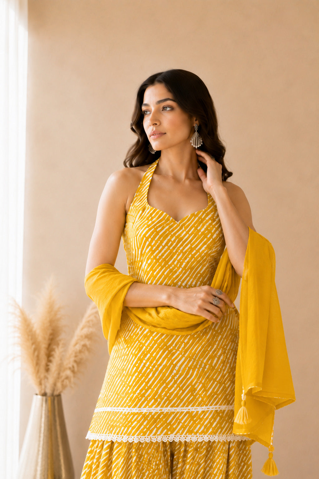 SURBHI YELLOW COTTON LEHERIYA FARSHI SET WITH DUPATTA