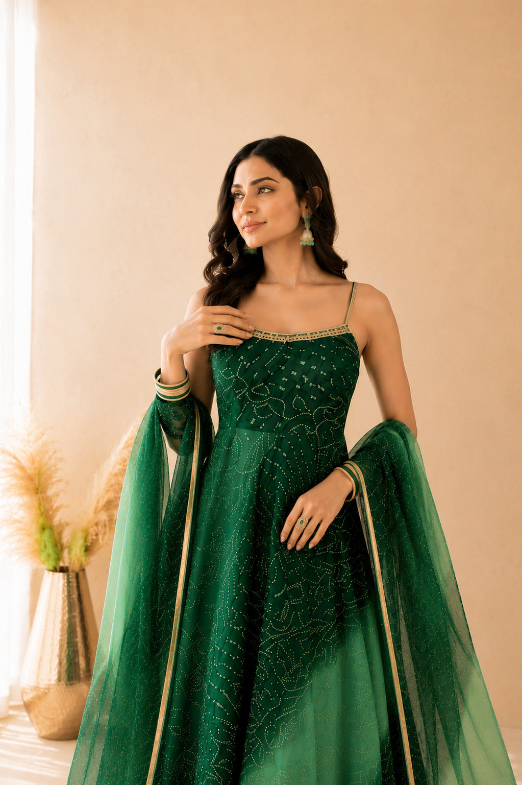 ZARISHA OMBRE GREEN BANDHEJ ANARKALI SET