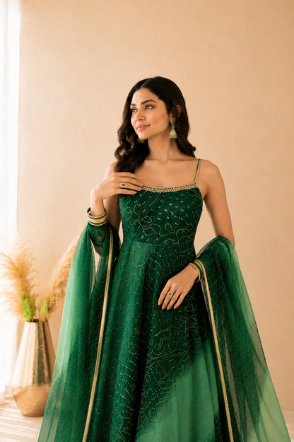 ZARISHA OMBRE GREEN BANDHEJ ANARKALI SET