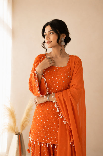 DIVYANGI ORANGE BANDHEJ FARSHI SET