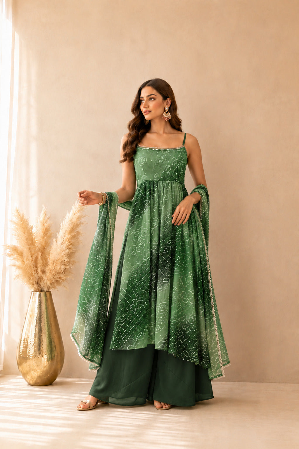 ROSHIRA GREEN OMBRE BANDHEJ NYRA CUT SUIT SET
