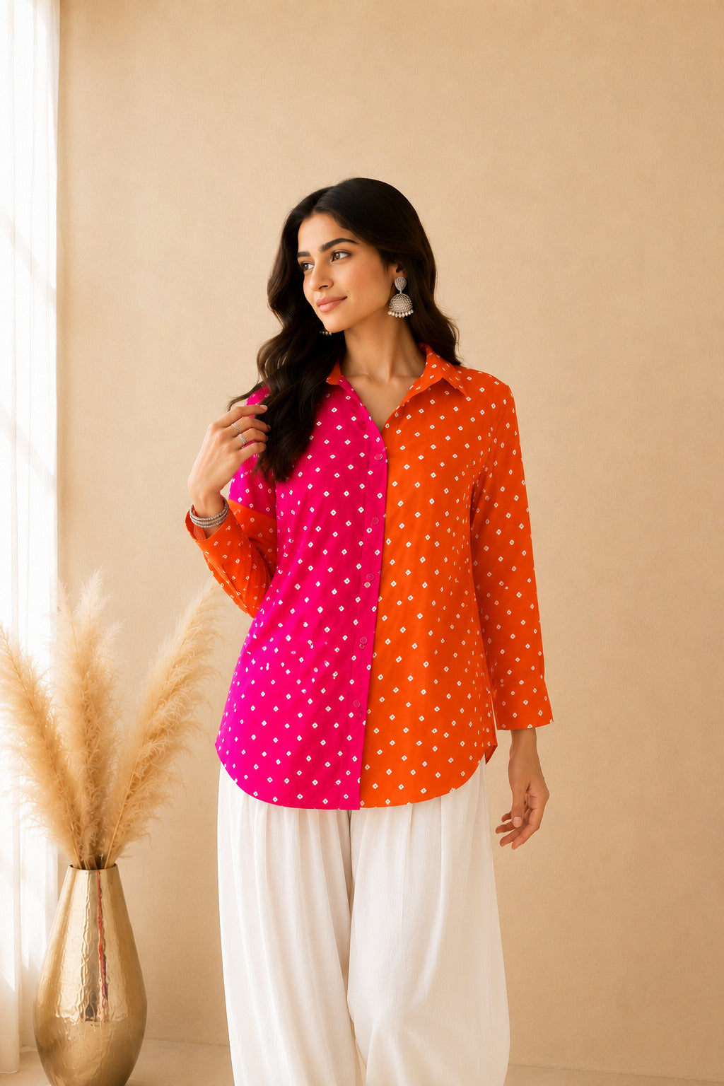 ARLINA PINK COLOR BLOCKED BANDHEJ SHIRT