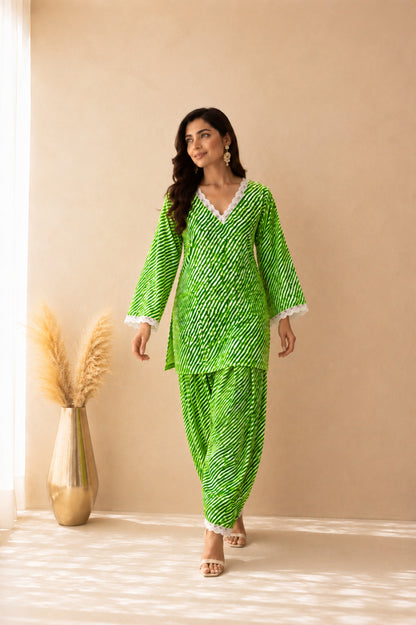 MALINI GREEN COTTON LEHERIYA FARSHI SET