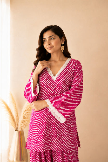 AASHNA PINK COTTON LEHERIYA FARSHI SET