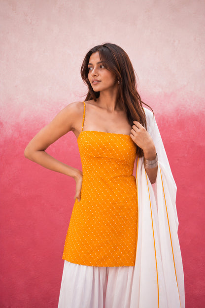MADHVI YELLOW GEORGETTE MOTHRA FARSHI SET