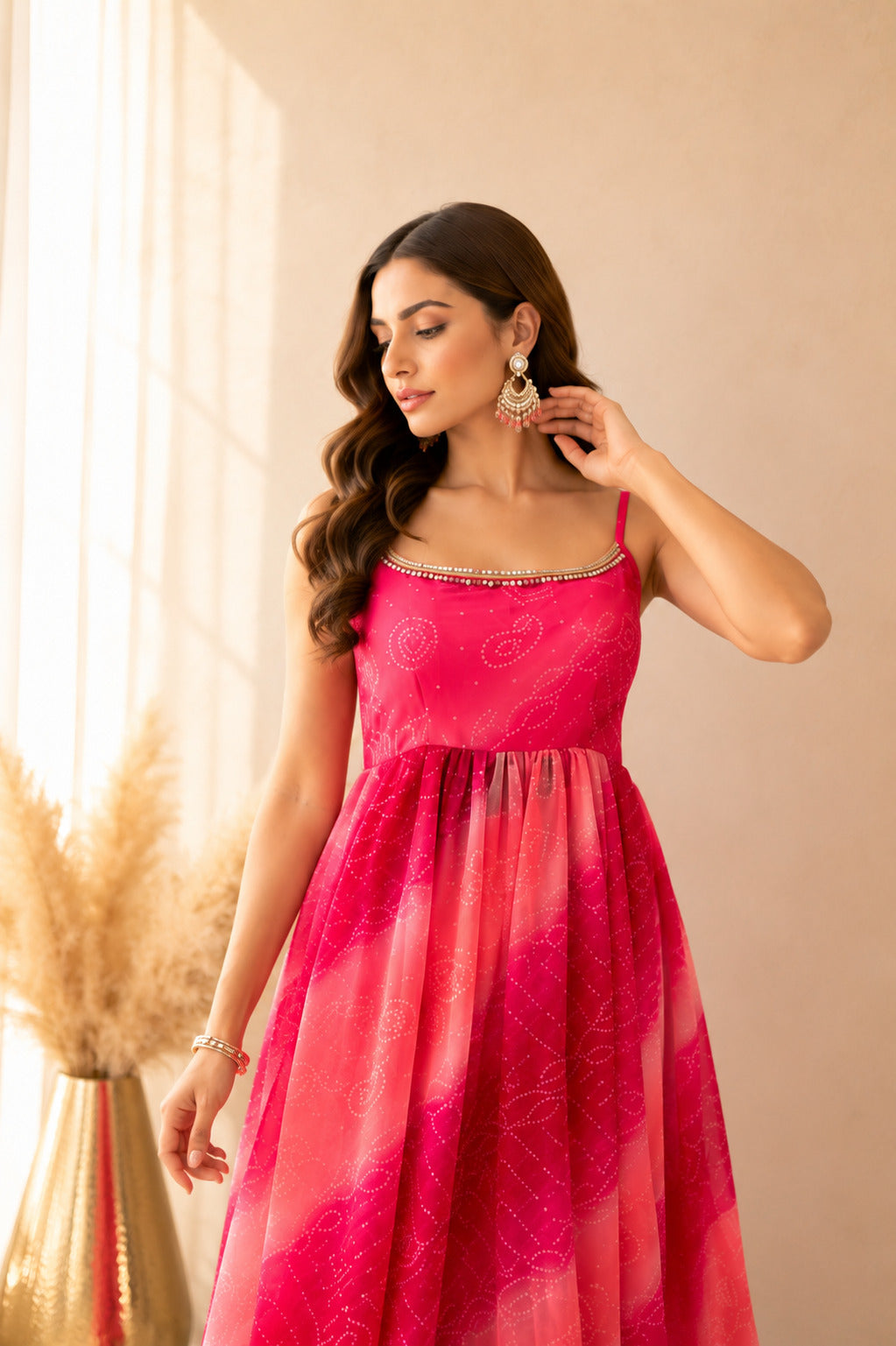 LEHERVI PINK OMBRE BANDHEJ NYRA CUT SUIT SET