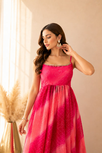 LEHERVI PINK OMBRE BANDHEJ NYRA CUT SUIT SET