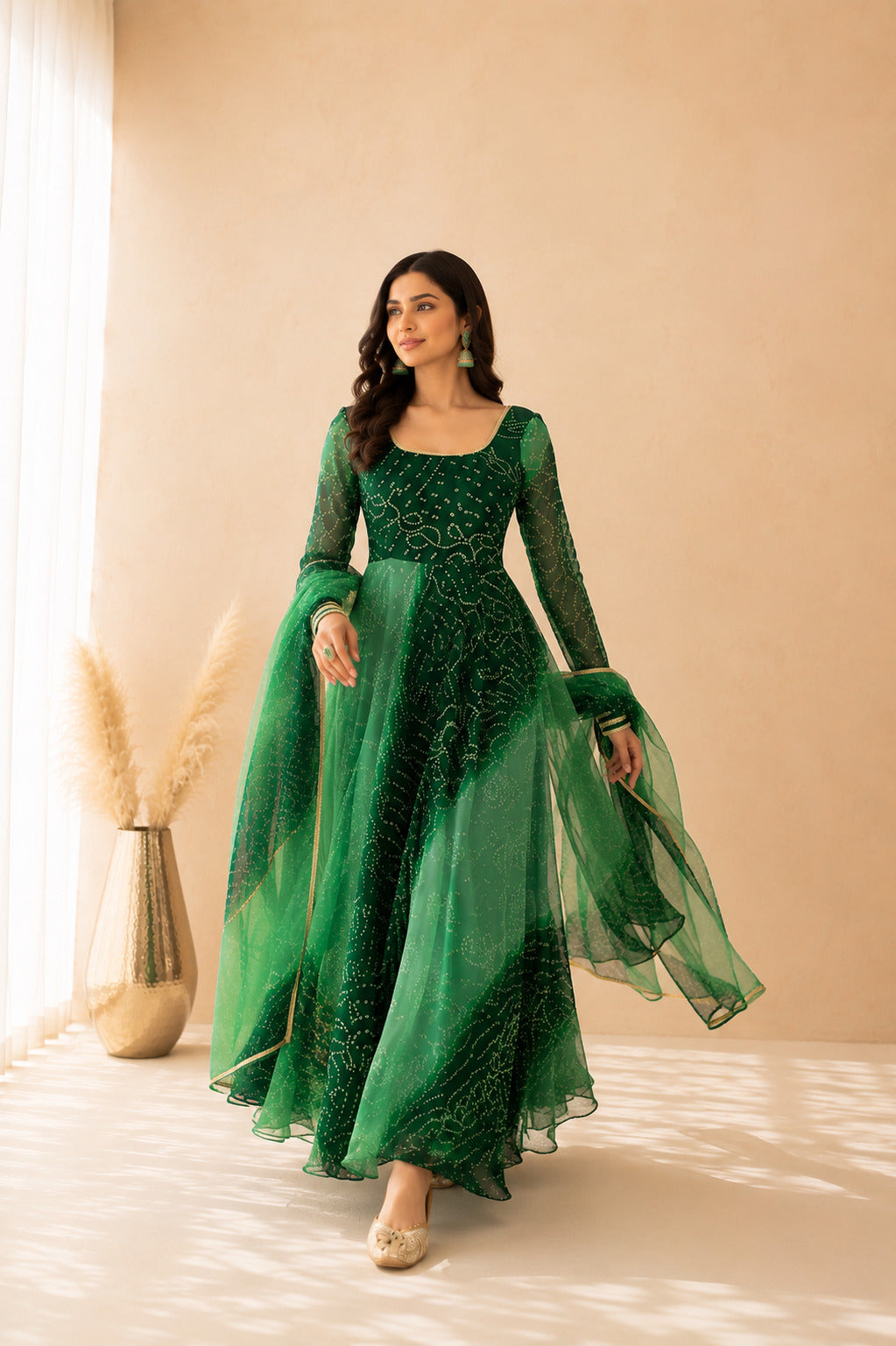 LEHZA GREEN OMBRE BANDHEJ ANARKALI SET