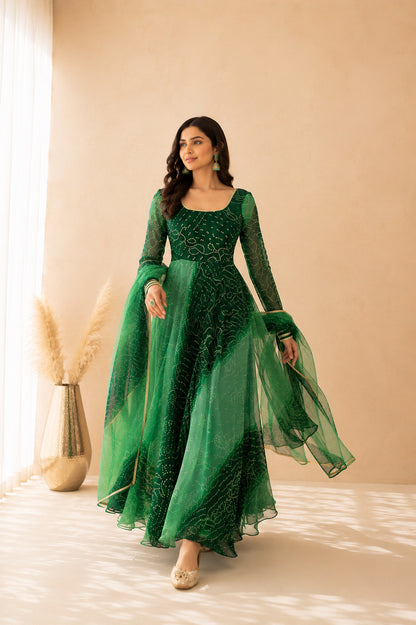 LEHZA GREEN OMBRE BANDHEJ ANARKALI SET