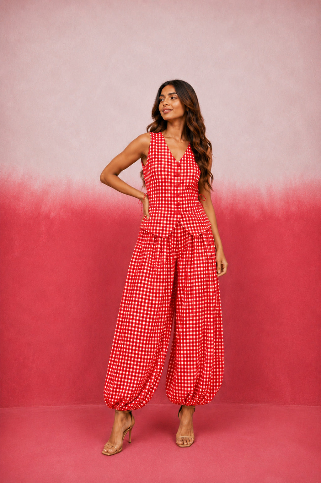 CIRAA RED GINGHAM COORD SET