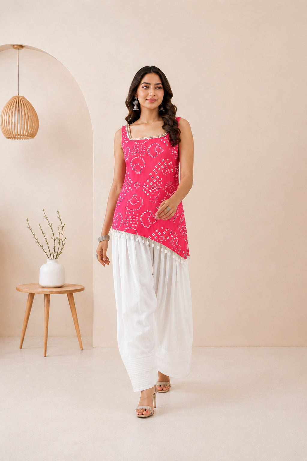 TARIKA PINK ASYMETTRIC BANDHEJ FARSHI SET
