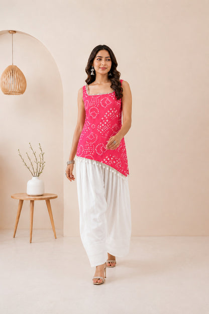 TARIKA PINK ASYMETTRIC BANDHEJ FARSHI SET