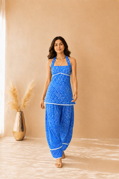 RAVYA BLUE COTTON LEHERIYA FARSHI SET WITH DUPATTA