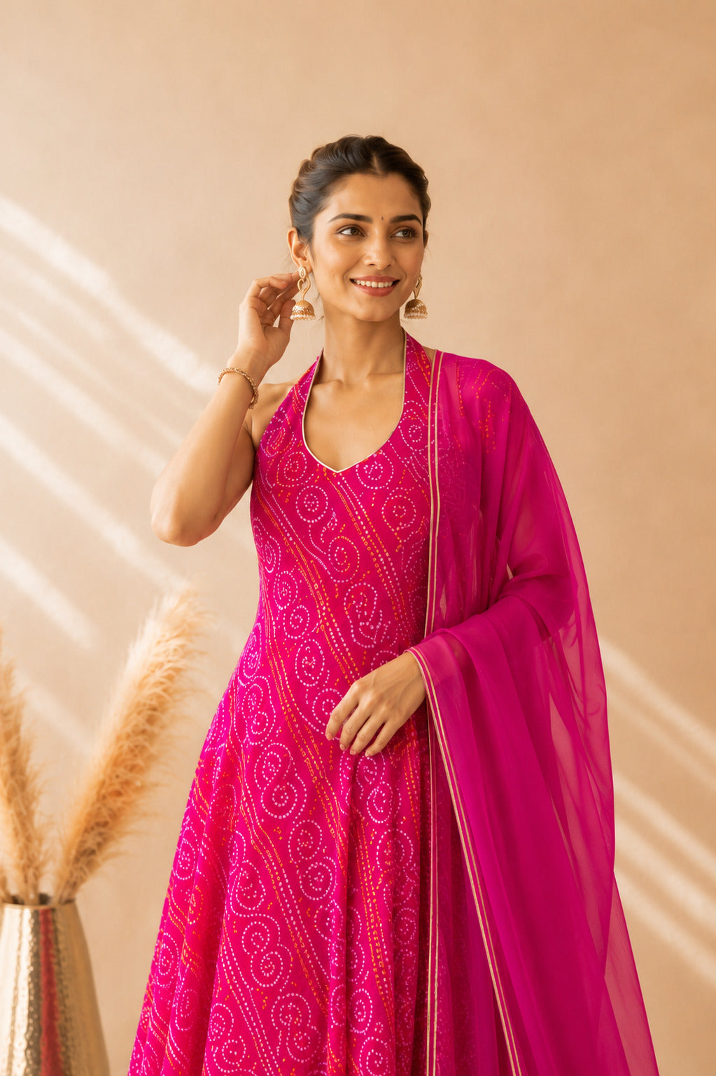AROVIA PINK BANDHEJ HALTER ANARKALI SET