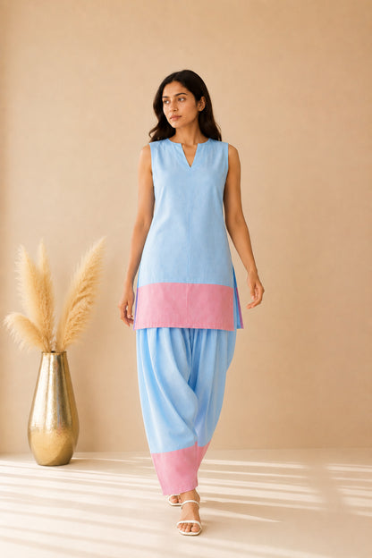 SHEEN POWDER BLUE & PASTEL PINK COLOR BLOCK FARSHI SET