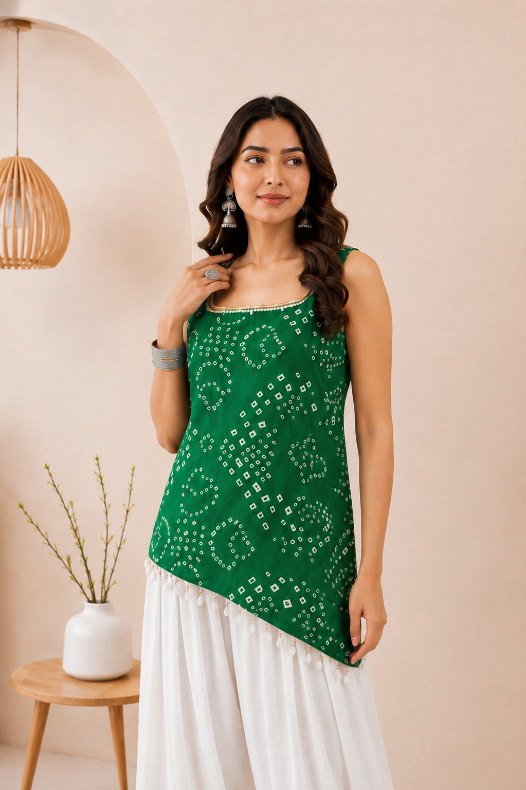 SOHINI GREEN ASYMETTRIC BANDHEJ FARSHI SET