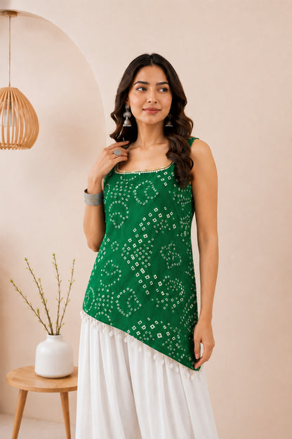 SOHINI GREEN ASYMETTRIC BANDHEJ FARSHI SET