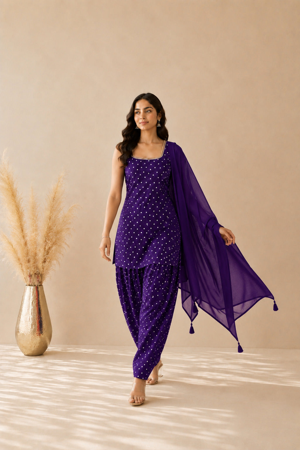 UNNATI PURPLE BANDHEJ FARSHI SET