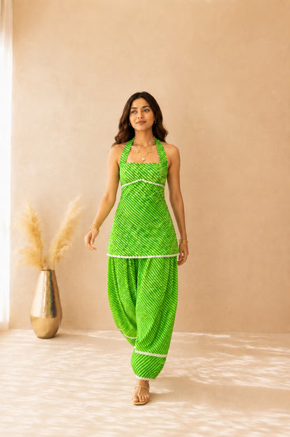 SARVANI GREEN COTTON LEHERIYA FARSHI SET WITH DUPATTA