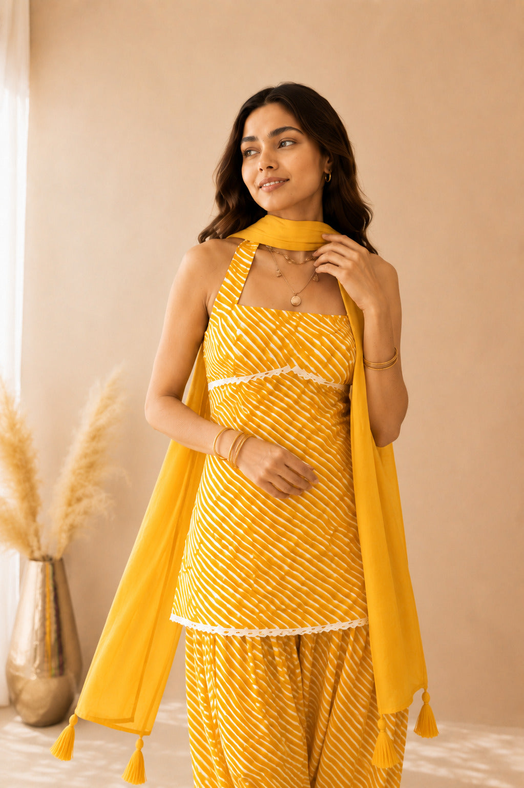 RIMI YELLOW COTTON LEHERIYA FARSHI SET WITH DUPATTA