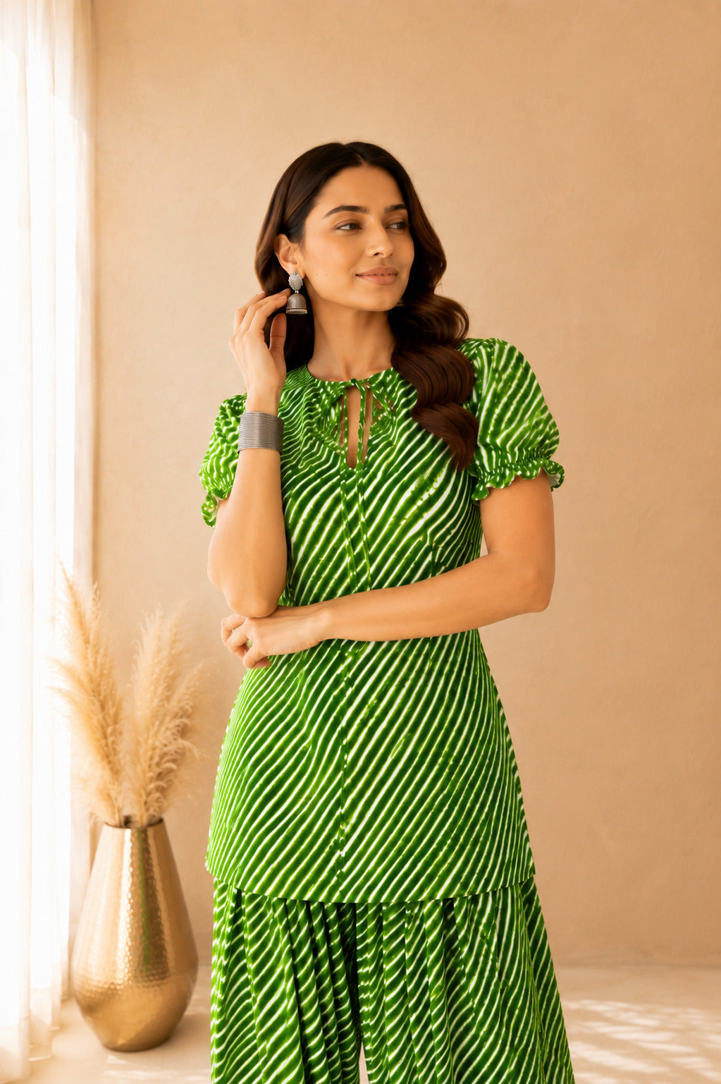 ABHA GREEN COTTON LEHERIYA FARSHI SET