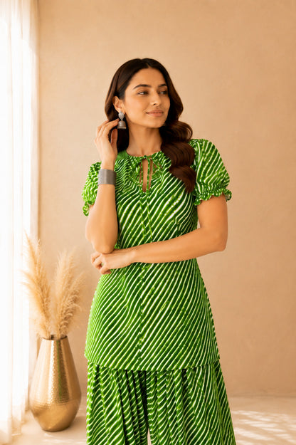 ABHA GREEN COTTON LEHERIYA FARSHI SET