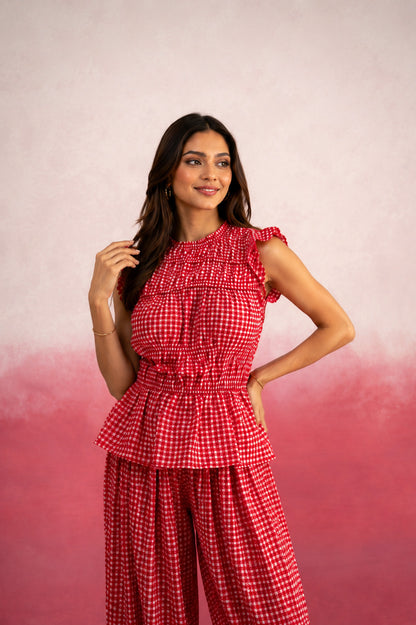 ALARIKA RED GINGHAM BALLOON COORD SET