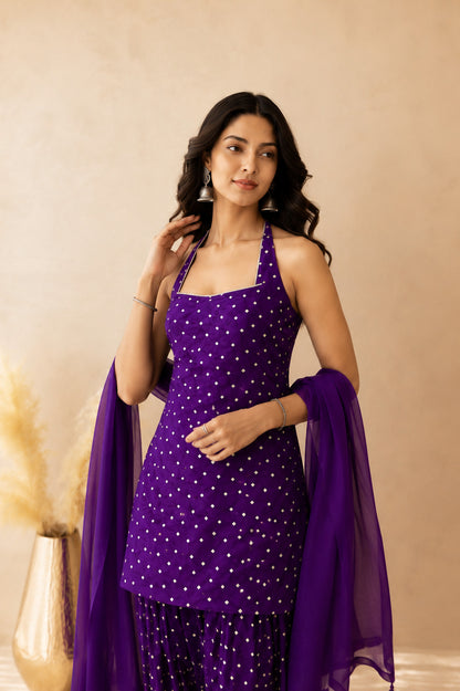 HARSHIKA PURPLE BANDHEJ FARSHI SET