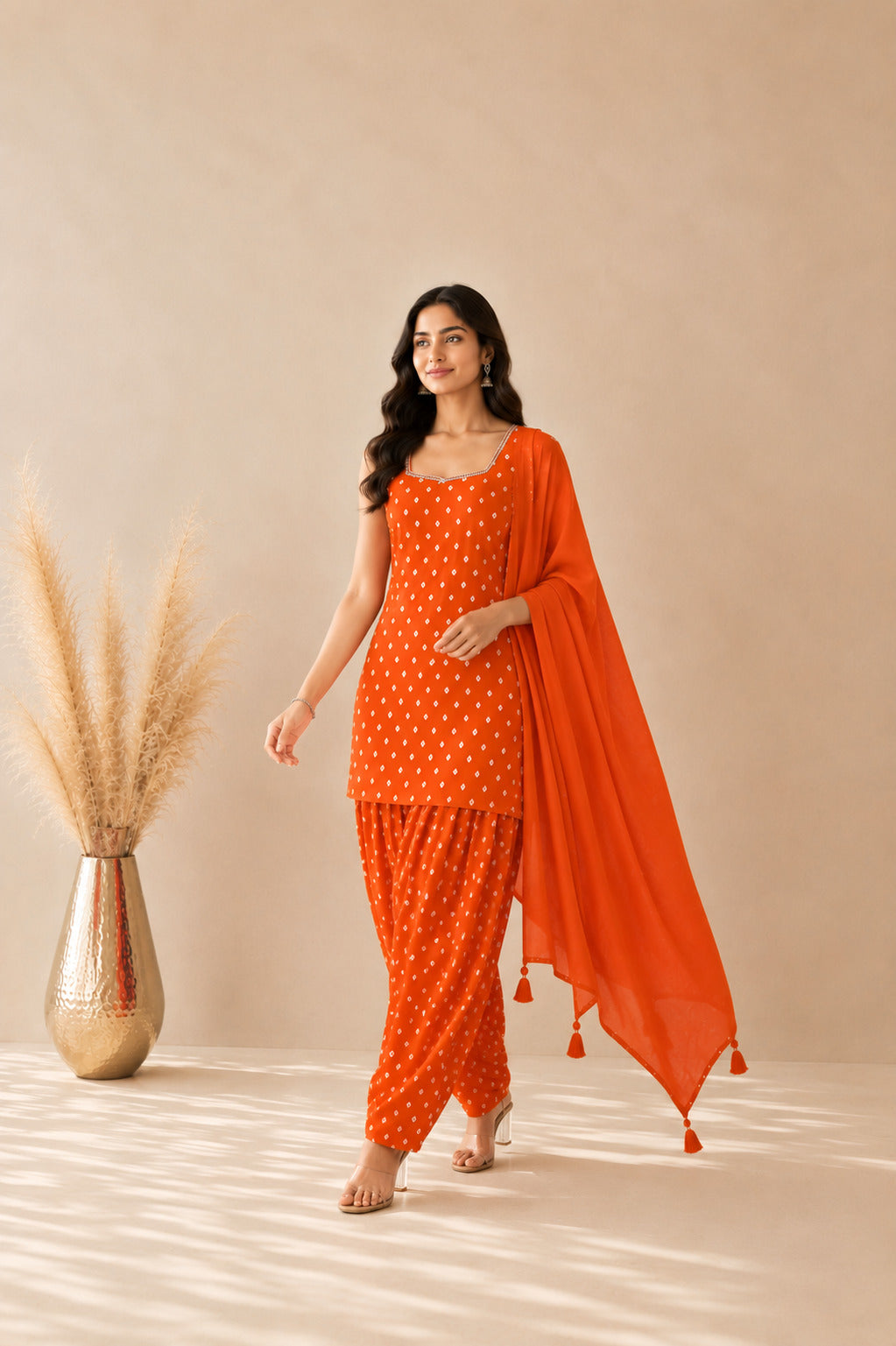 YAMINI ORANGE BANDHEJ FARSHI SET