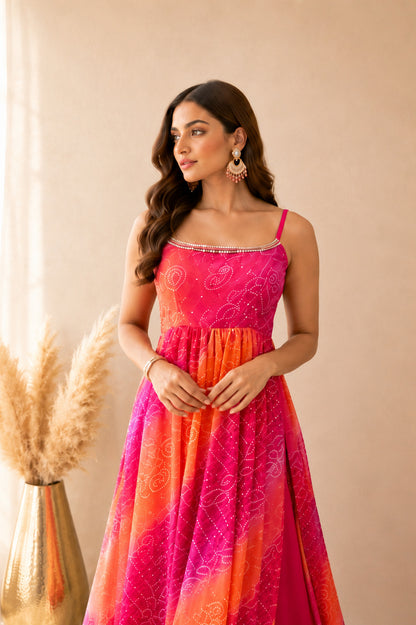 ELMIRA ORANGE OMBRE BANDHEJ NYRA CUT SUIT SET