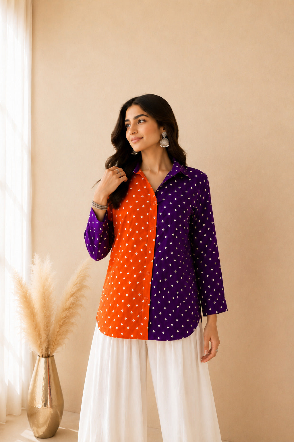 SUVEERA ORANGE COLOR BLOCKED BANDHEJ SHIRT