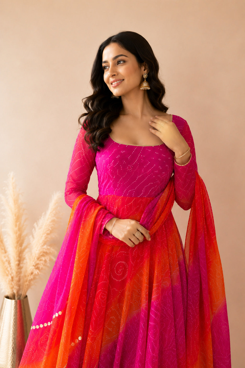 VAISHIRA ORANGE OMBRE BANDHEJ ANARKALI SET